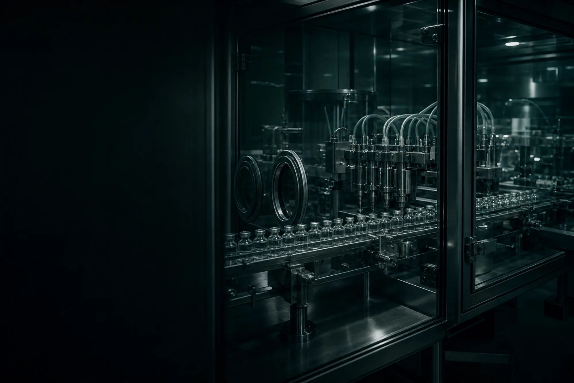 Glass vials on a stainless conveyor inside an aseptic filling isolator