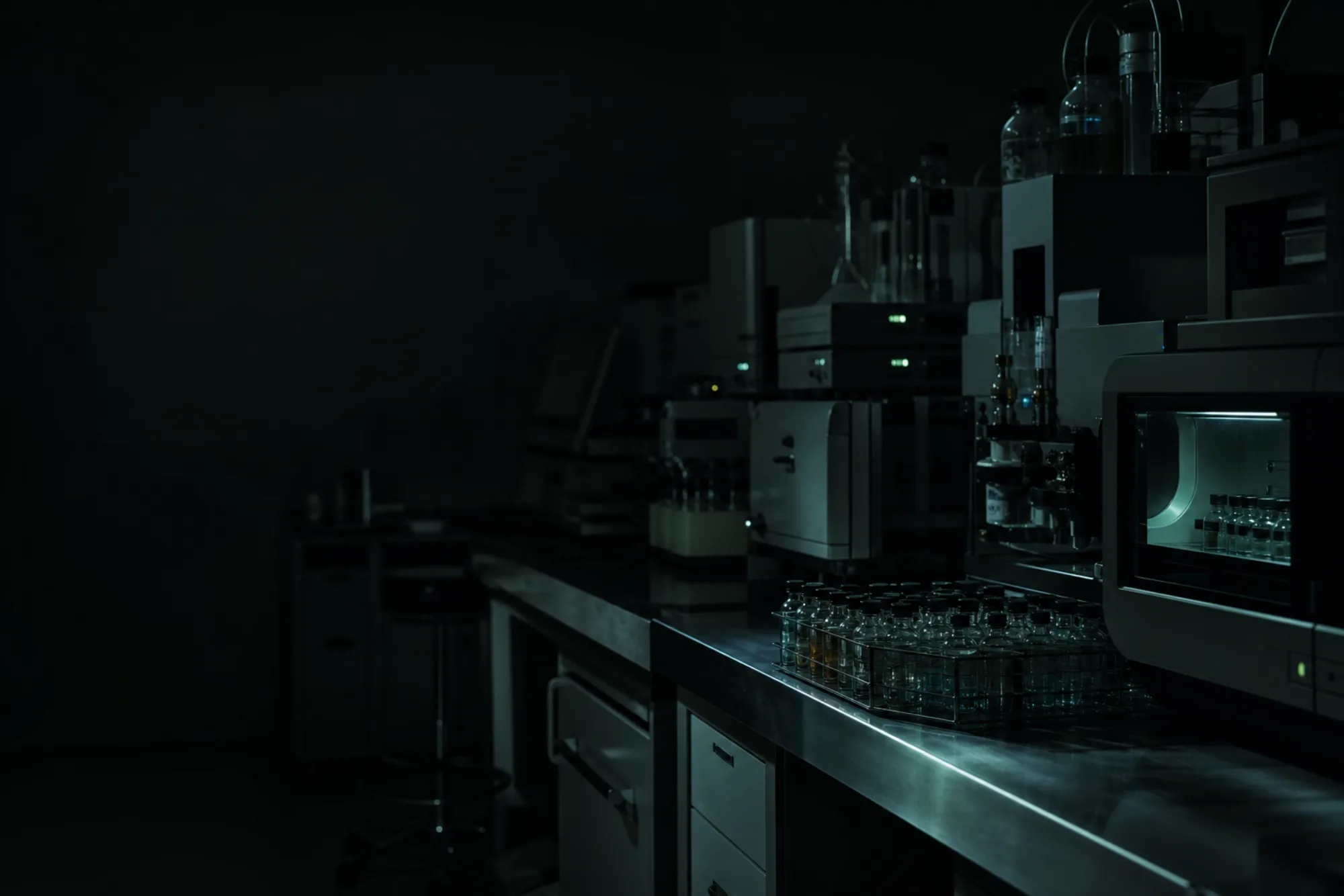 A quality control laboratory bench at night, instruments dark and idle