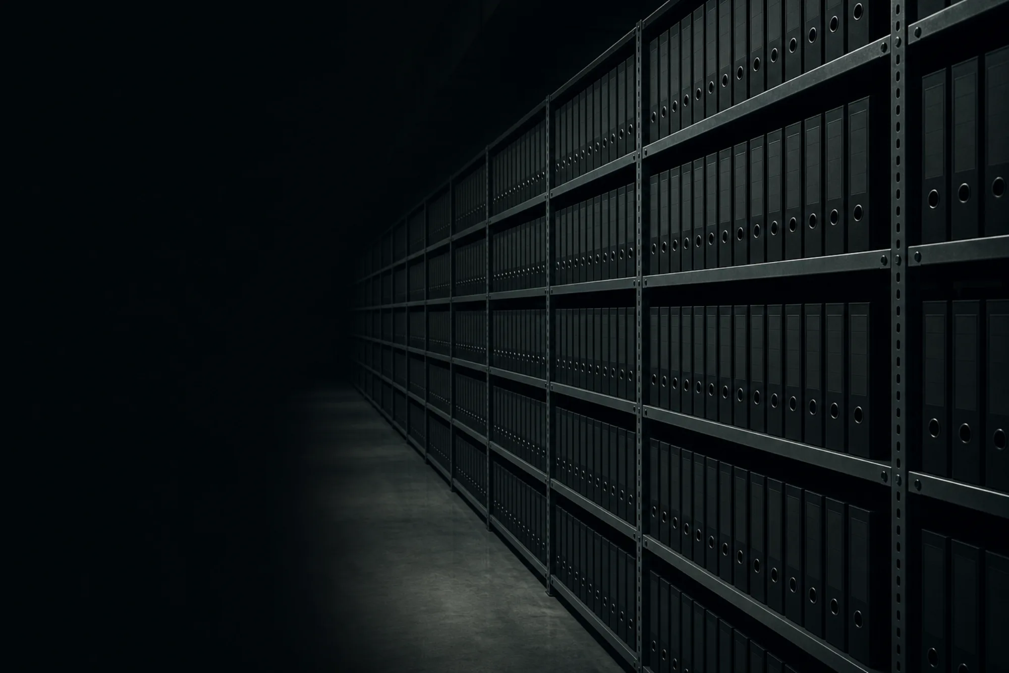 A long row of identical archive binders on steel shelving, receding into shadow