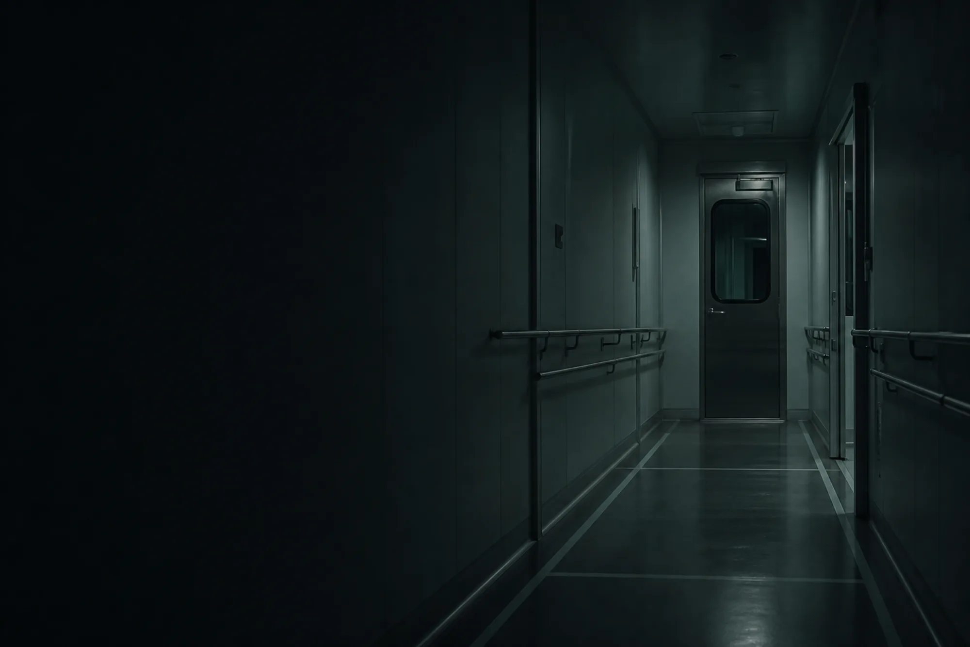 An empty cleanroom gowning airlock corridor with a sealed interlock door